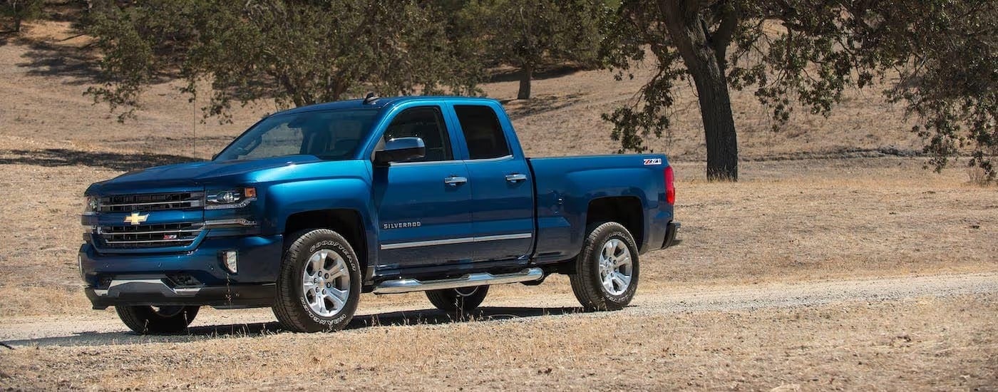 A blue 2018 Chevy Silverado 1500 is parked on yellow grass in front of a tree.
